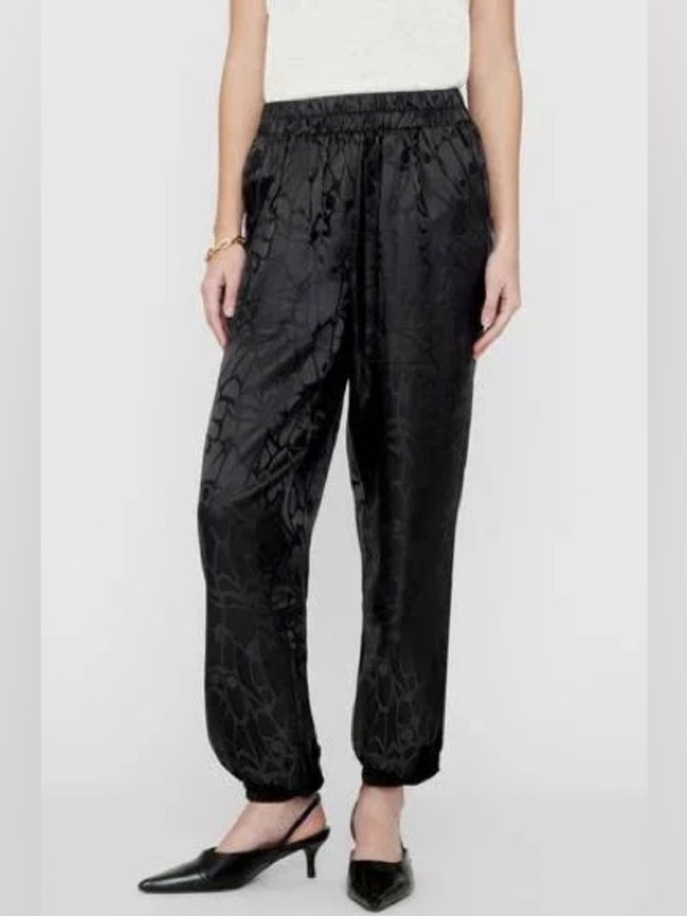Anine Bing 100% Silk Logan Jogger Black Butterfly Jacquard Medium